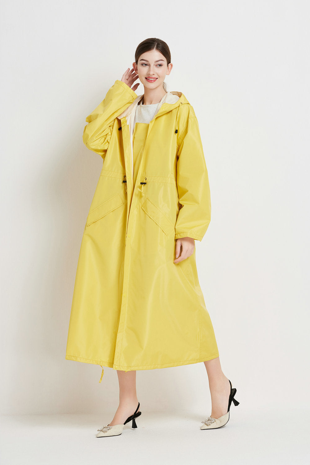 Poppy Evans | Womens Mid-Length Hooded Raincoat in Sunshine Yellow