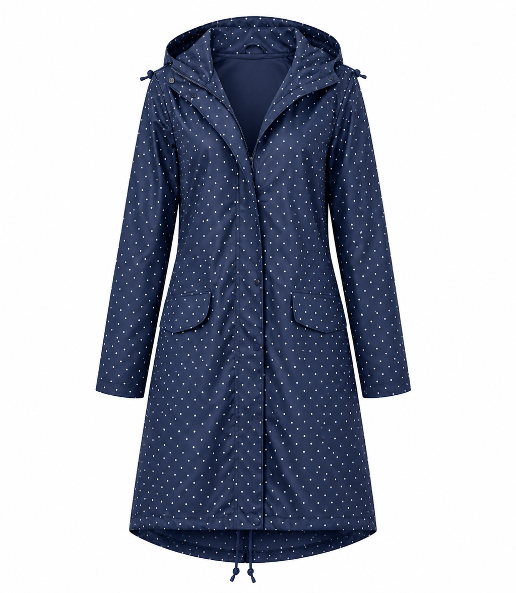 Daisy Harrison | Polka Dot Hooded Rain Mac in Navy