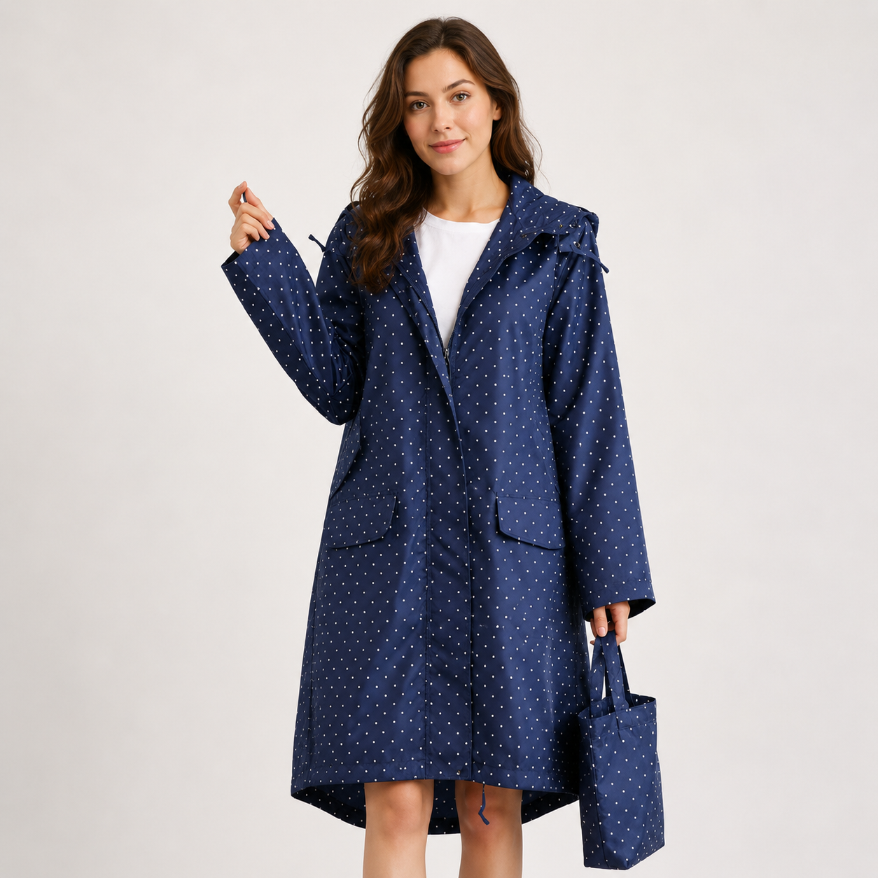 Daisy Harrison | Polka Dot Hooded Rain Mac in Navy