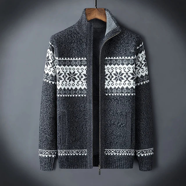 Heren Gebreid Fleece Vest met Winter Patroon en Hoge Kraag