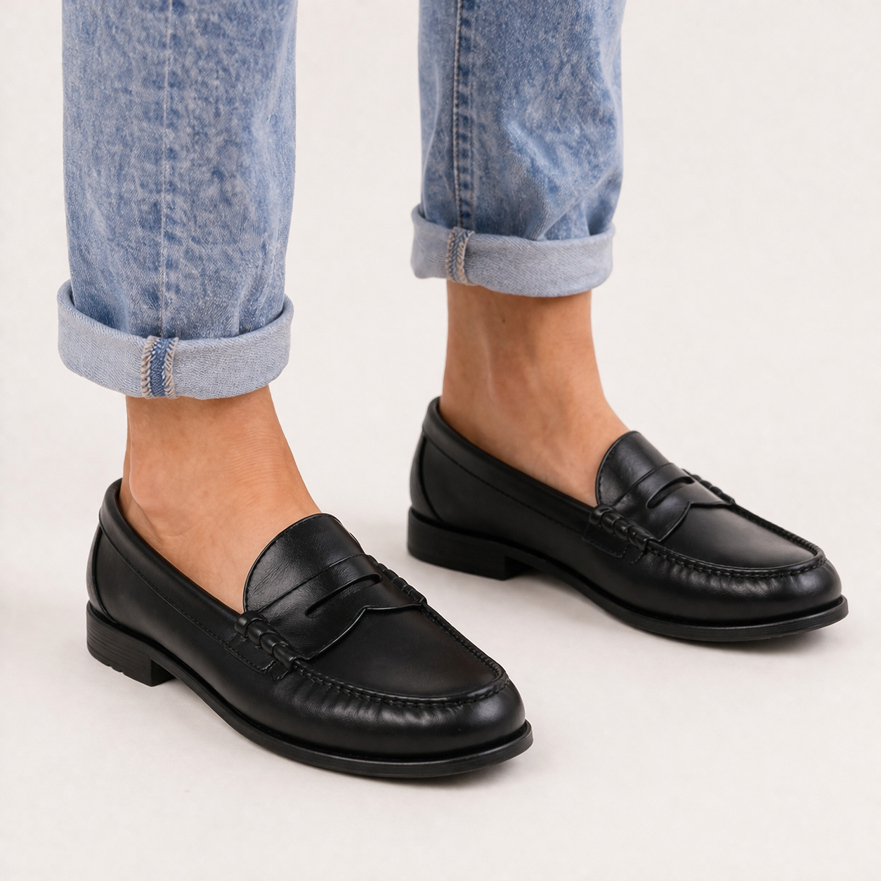 Women's loafers round toe penny strap visible stitching