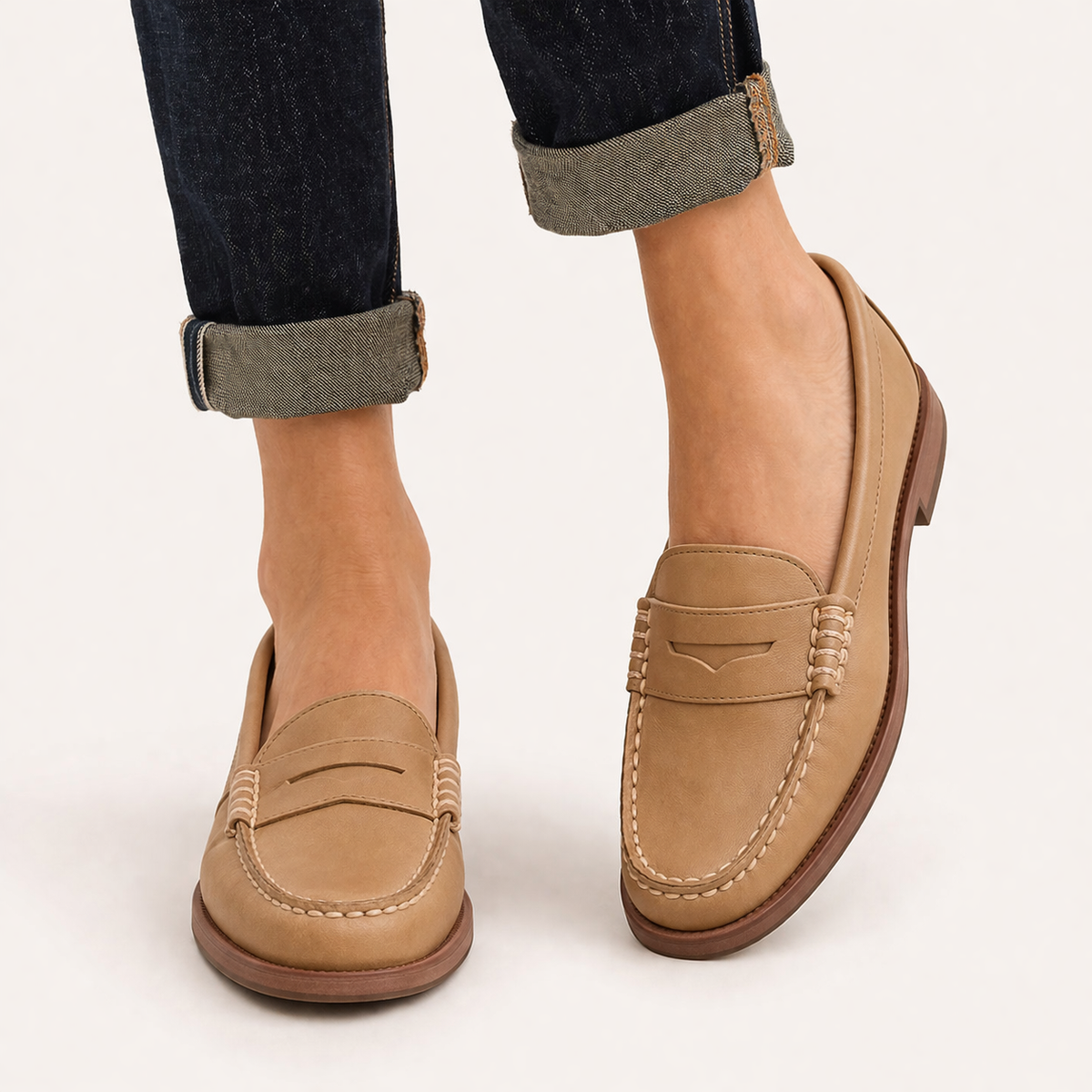 Women's loafers round toe penny strap visible stitching