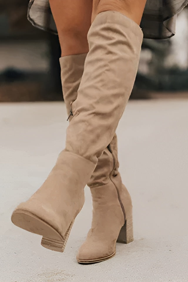 KNEE HIGH BOOTS | RUCHED DESIGN & LOW BLOCK HEEL