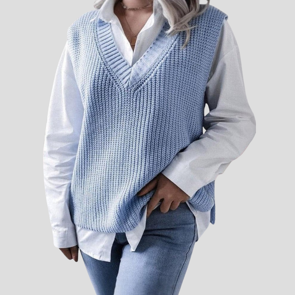 Damski niebieski sweter bez rękawów z dekoltem w serek