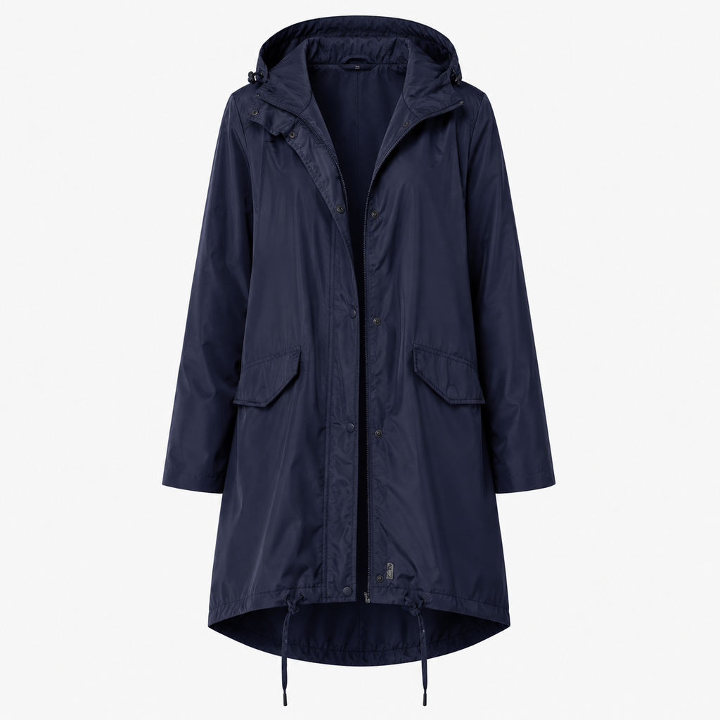 Victoria Wood | Drawstring Hem Hooded Raincoat in Navy