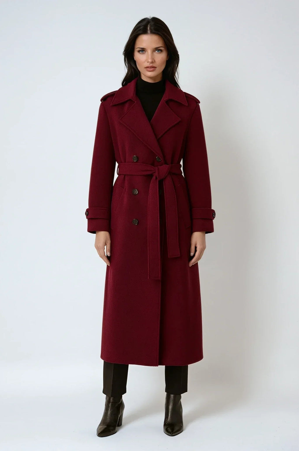 RED WOOL COAT | LONG DOUBLE BREASTED TRENCH WITH BELT