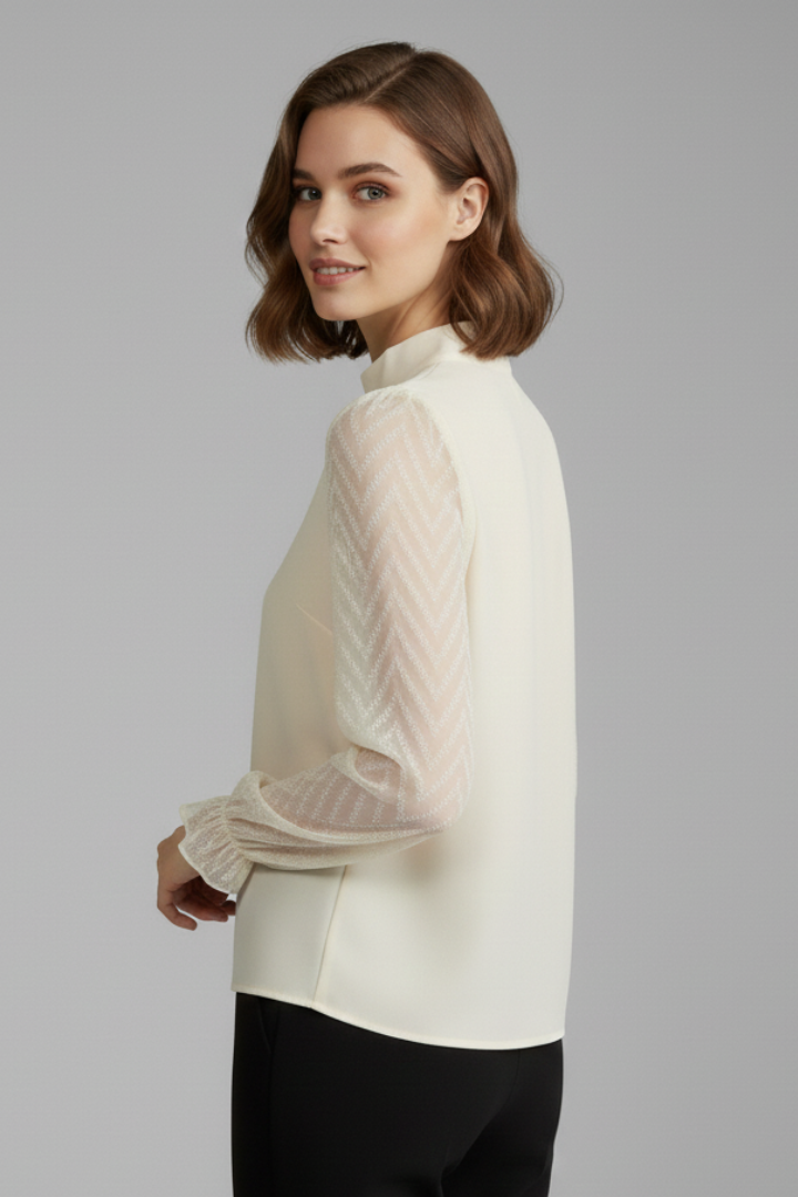 Women's Long Sleeve Top with Pleated Neckline and Textured Sleeves