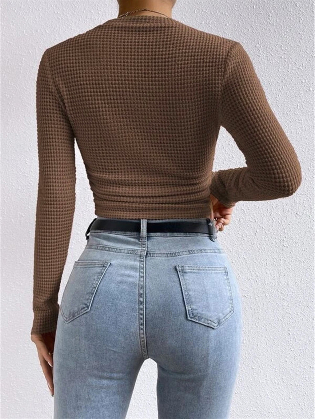 Women's Long Sleeve Tops with Waffle Knit | Crew Neck