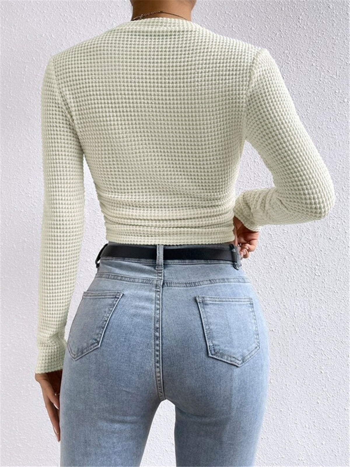 Women's Long Sleeve Tops with Waffle Knit | Crew Neck