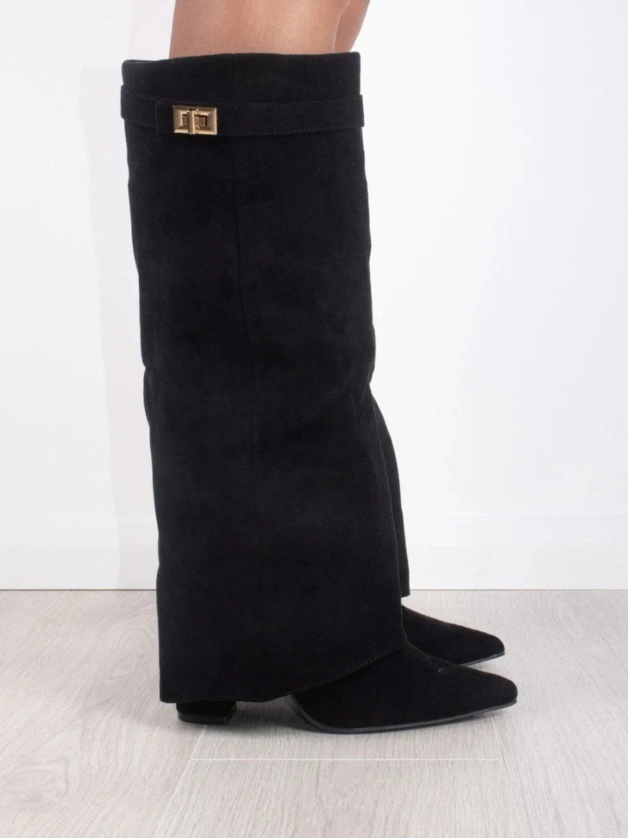 Bottes Élégantes en Suède Noir avec Détails Dorés pour Femmes