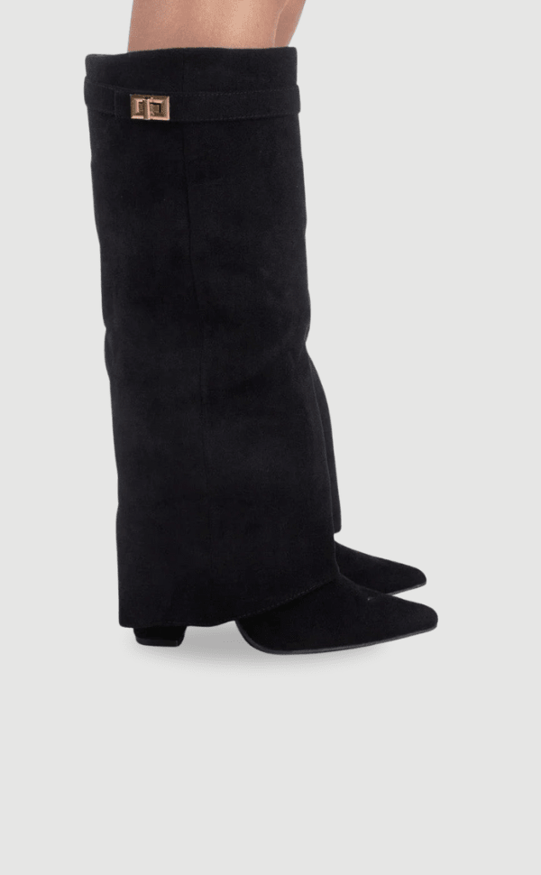 Bottes Élégantes en Suède Noir avec Détails Dorés pour Femmes