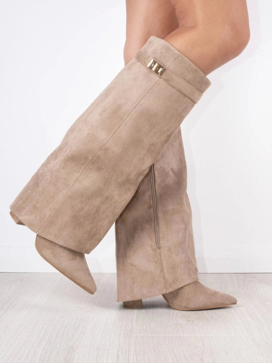Bottes Élégantes en Suède Noir avec Détails Dorés pour Femmes
