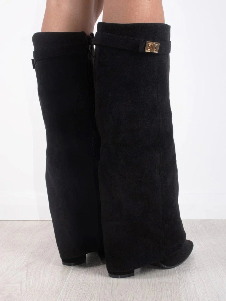 Bottes Élégantes en Suède Noir avec Détails Dorés pour Femmes