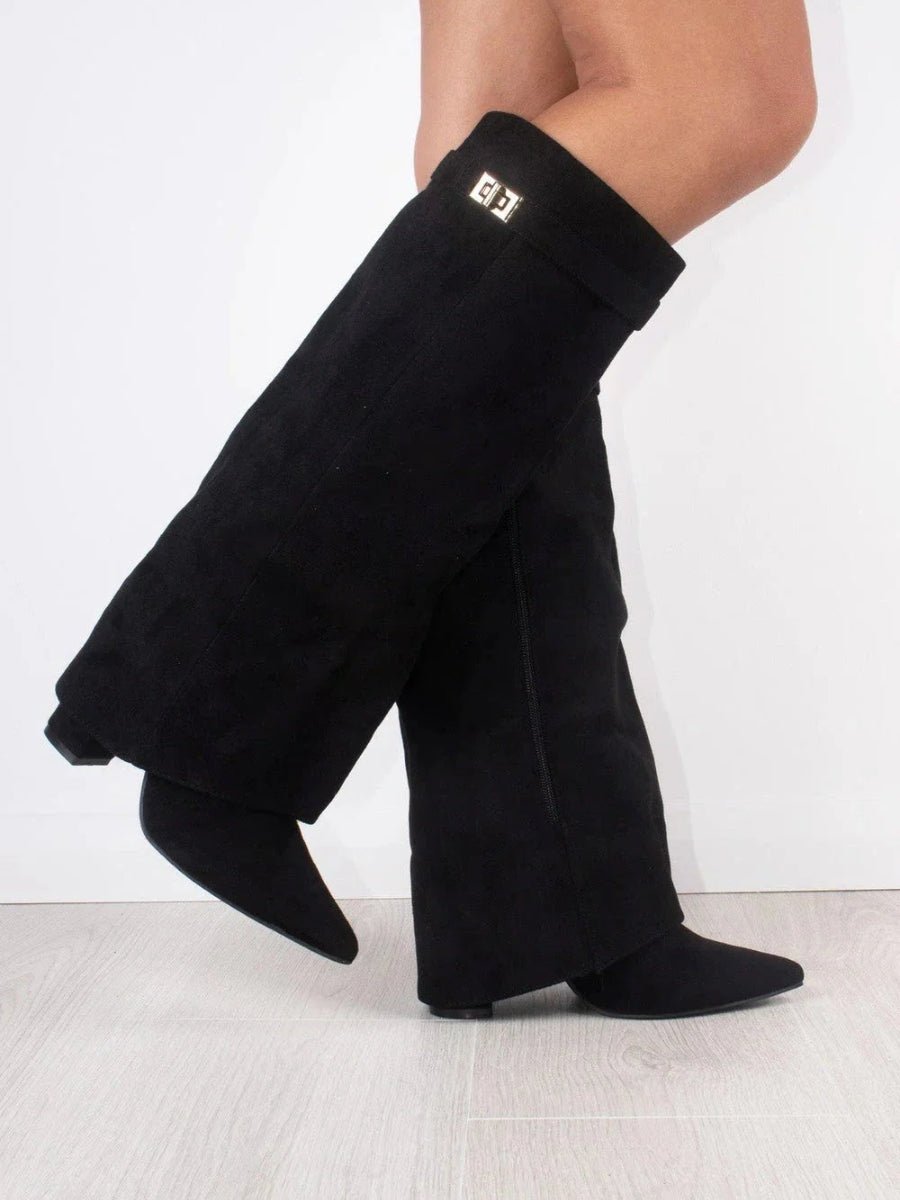 Bottes Élégantes en Suède Noir avec Détails Dorés pour Femmes