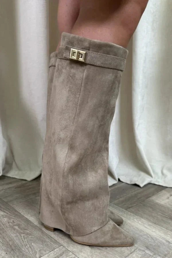Bottes Hauteur Genou à Talon Bloc en Suède pour Femmes