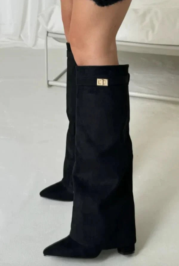 Bottes Hauteur Genou à Talon Bloc en Suède pour Femmes