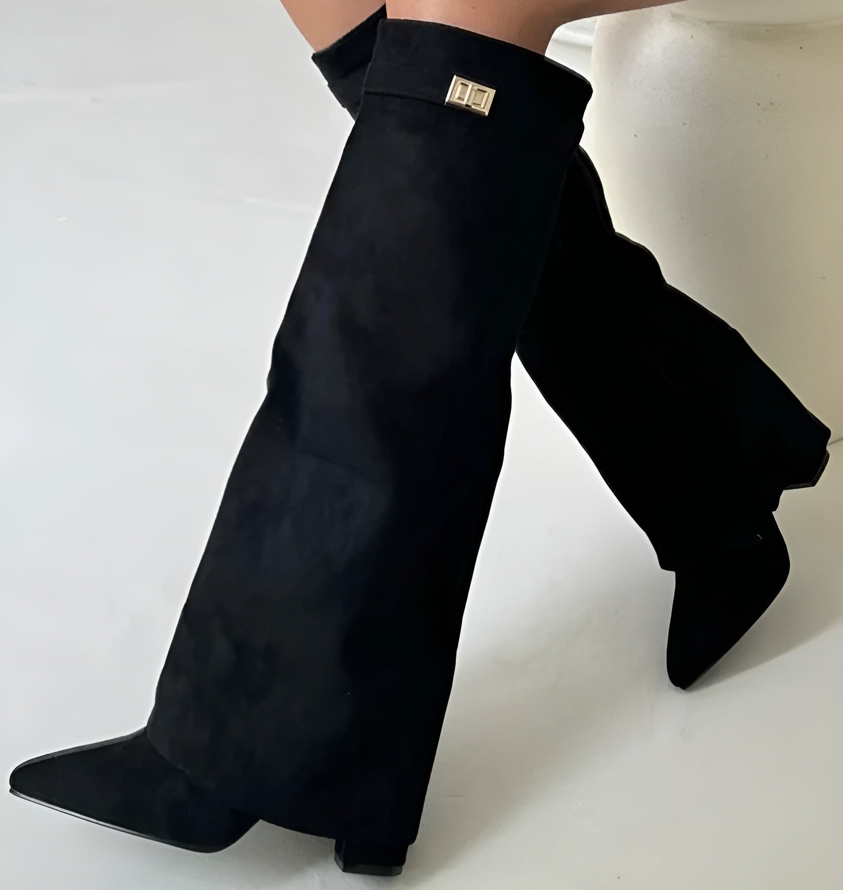 Bottes Hauteur Genou à Talon Bloc en Suède pour Femmes