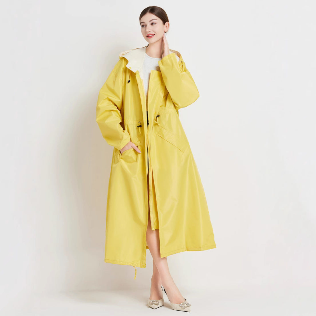 Poppy Evans | Womens Mid-Length Hooded Raincoat in Sunshine Yellow