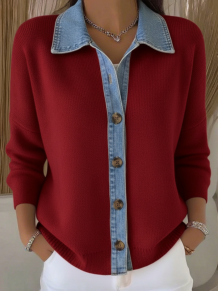 Cárdigan de punto con cuello tipo polo y parches de denim, con botones