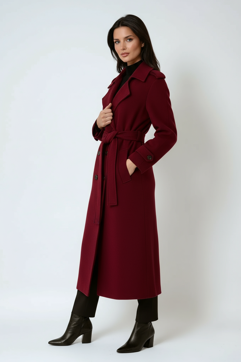 RED WOOL COAT | LONG DOUBLE BREASTED TRENCH WITH BELT