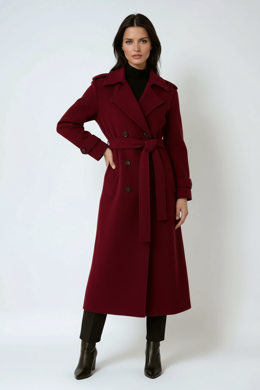 RED WOOL COAT | LONG DOUBLE BREASTED TRENCH WITH BELT