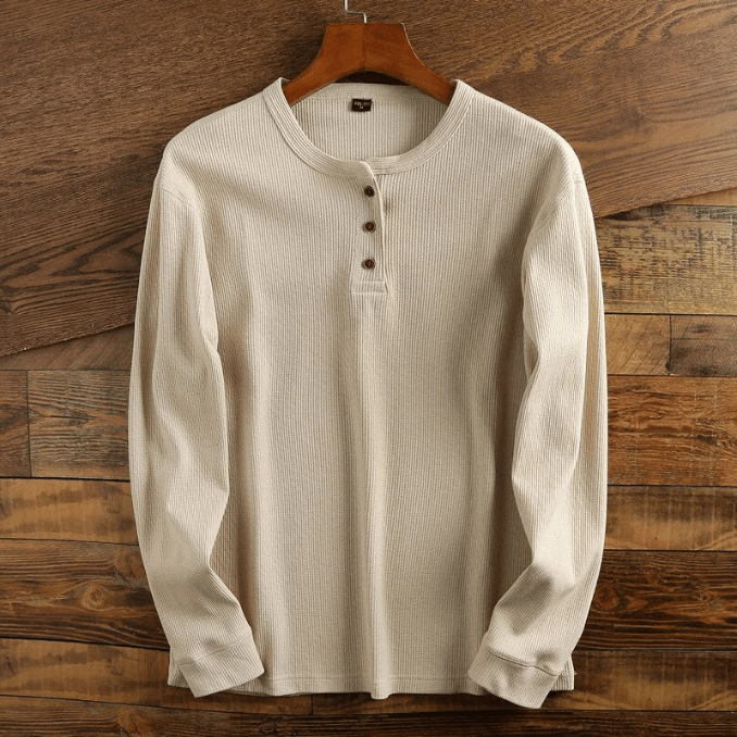 Men’s Waffle Knit Henley Shirt Long Sleeve Textured Casual Top