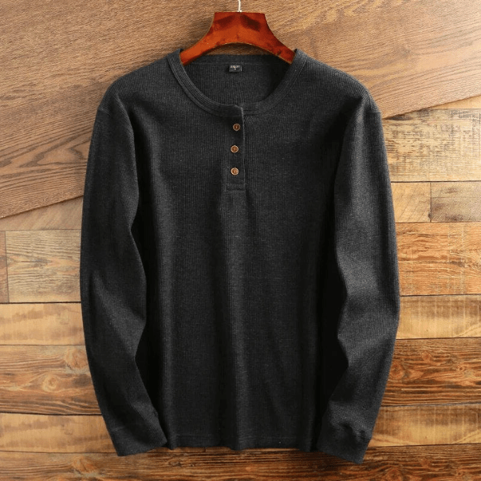 Men’s Waffle Knit Henley Shirt Long Sleeve Textured Casual Top