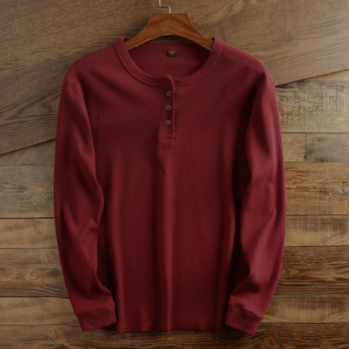Men’s Waffle Knit Henley Shirt Long Sleeve Textured Casual Top