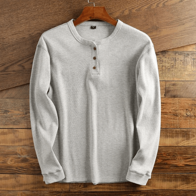 Men’s Waffle Knit Henley Shirt Long Sleeve Textured Casual Top
