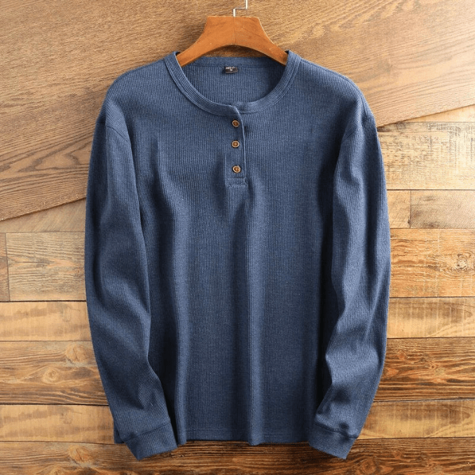 Men’s Waffle Knit Henley Shirt Long Sleeve Textured Casual Top