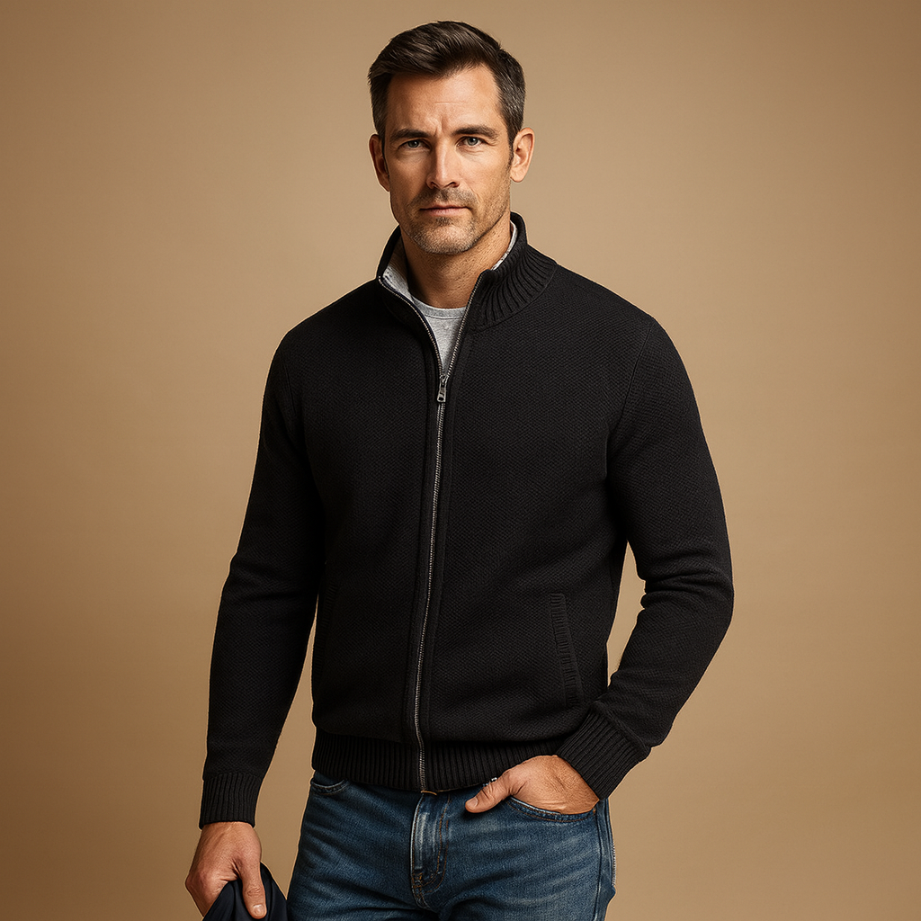 Men’s Classic Zip-Up Cardigan Sweater – Timeless Knit Jacket for Smart Casual Wear
