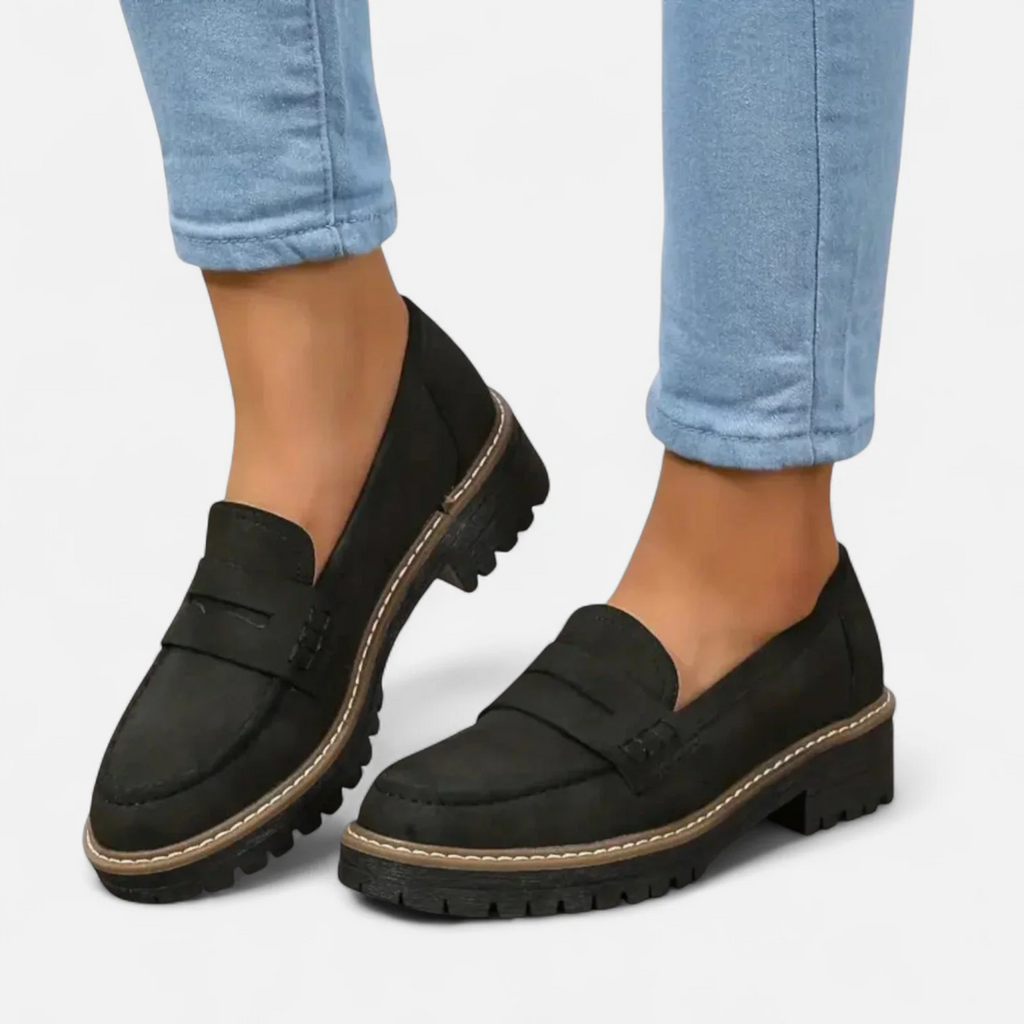 Women's loafers, round toe, lug sole, slip-on with visible stitching