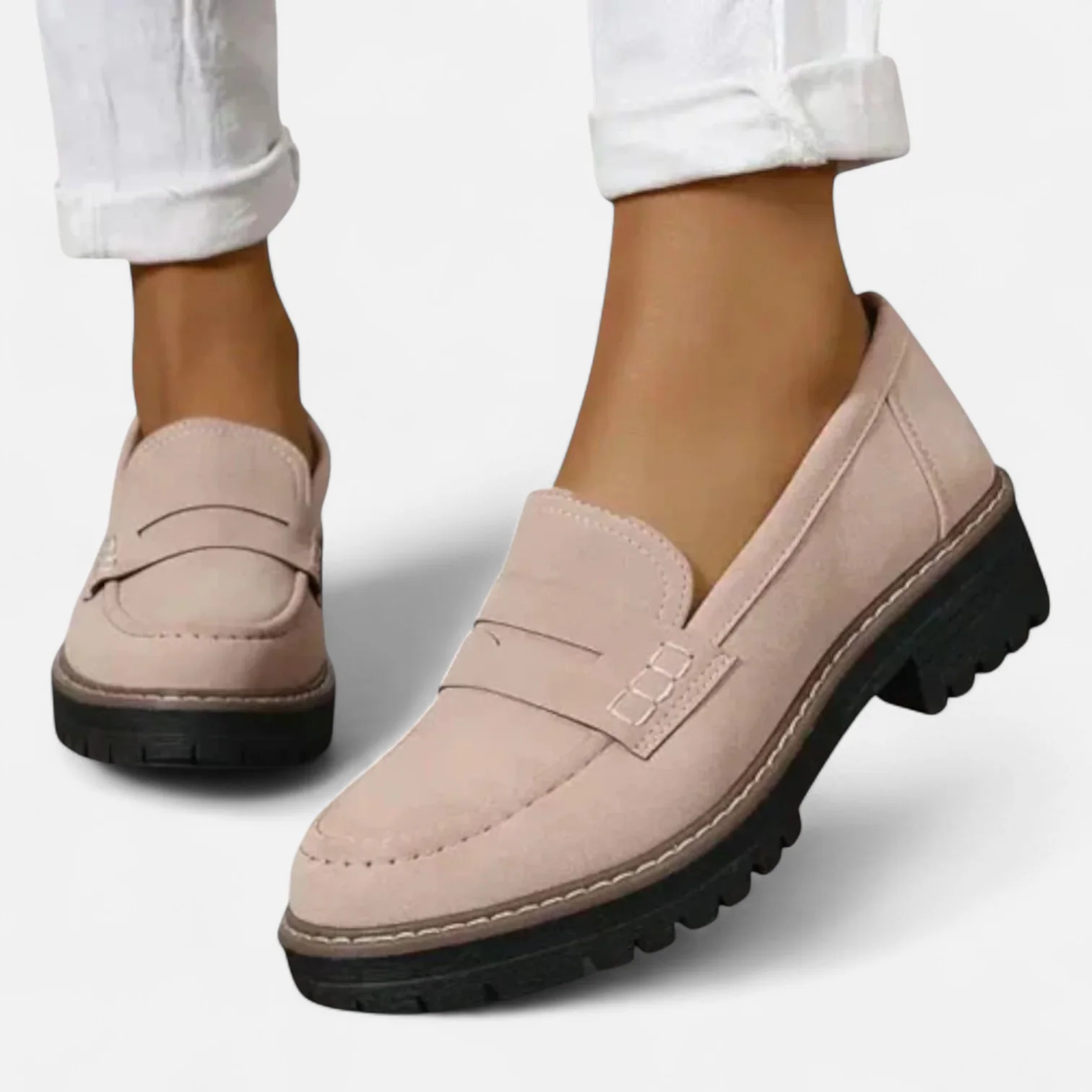 Women's loafers, round toe, lug sole, slip-on with visible stitching