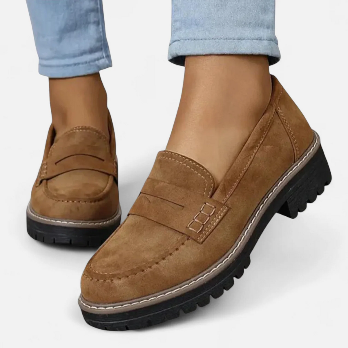 Women's loafers, round toe, lug sole, slip-on with visible stitching