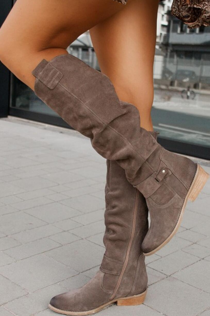 KNEE HIGH BOOTS | RUCHED DESIGN & LOW BLOCK HEEL