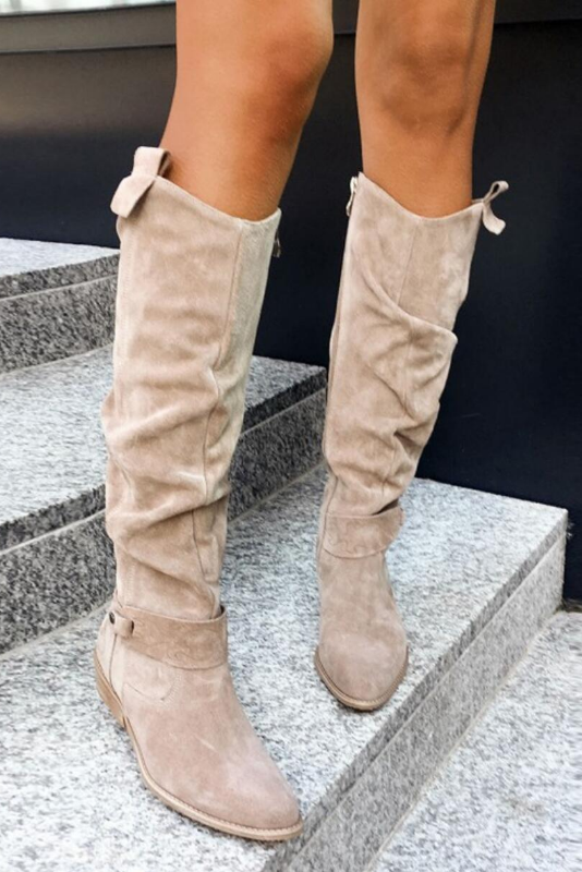 KNEE HIGH BOOTS | RUCHED DESIGN & LOW BLOCK HEEL