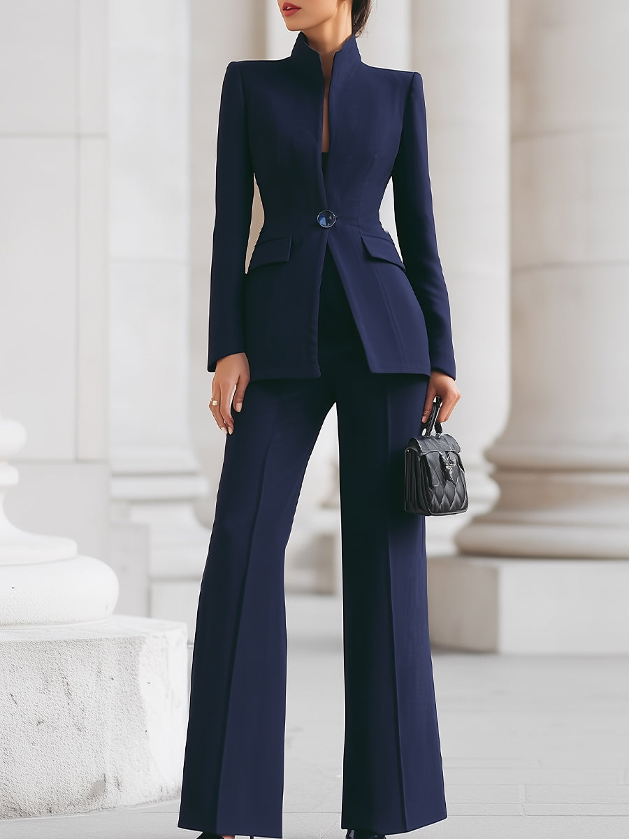 Conjunto Azul Marino con Blazer de Cuello Alto y Pantalones de Pierna Ancha