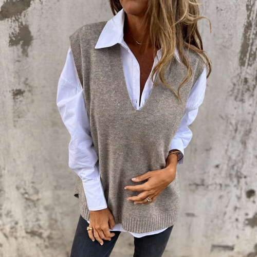 Women's Knitted Vest with Deep V Neck & Ribbed Trim | Oversized