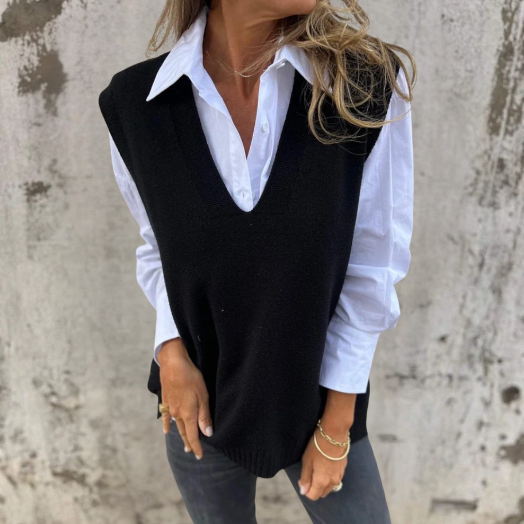 Women's Knitted Vest with Deep V Neck & Ribbed Trim | Oversized
