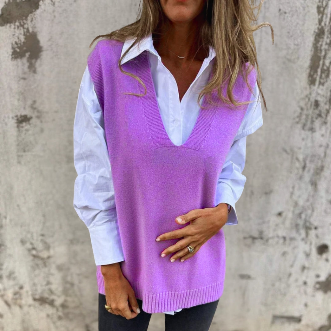 Women's Knitted Vest with Deep V Neck & Ribbed Trim | Oversized